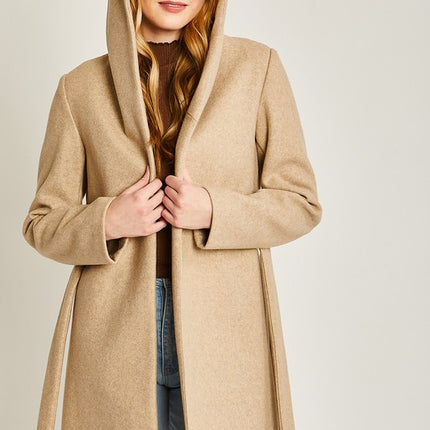Cozy Simple Classic Hooded Fleece Fashion Belted Jacket Coat