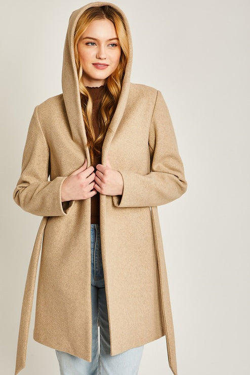 Cozy Simple Classic Hooded Fleece Fashion Belted Jacket Coat