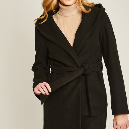 Cozy Simple Classic Hooded Fleece Fashion Belted Jacket Coat