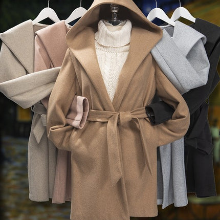 Cozy Simple Classic Hooded Fleece Fashion Belted Jacket Coat