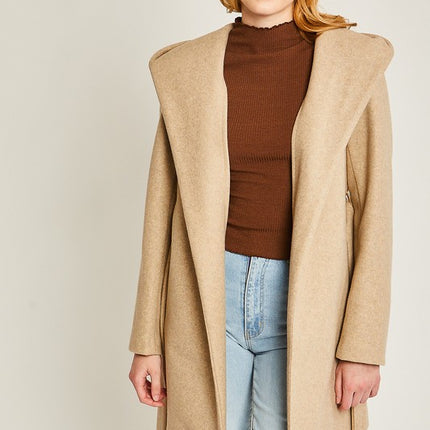Cozy Simple Classic Hooded Fleece Fashion Belted Jacket Coat