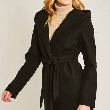 Cozy Simple Classic Hooded Fleece Fashion Belted Jacket Coat