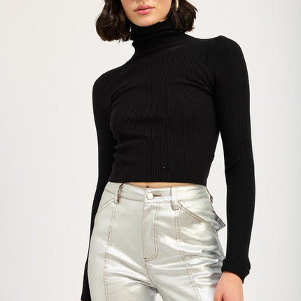 Chic Ribbed Turtle Neck Long Sleeve Sim Fit Fashion Crop Top