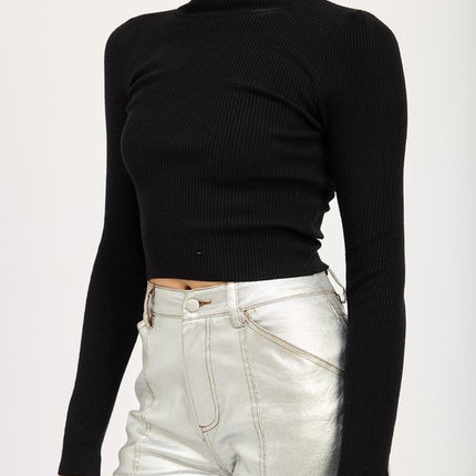 Chic Ribbed Turtle Neck Long Sleeve Sim Fit Fashion Crop Top