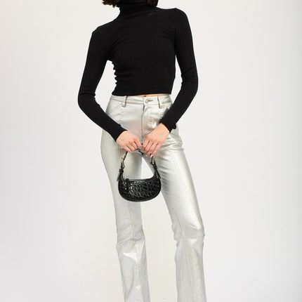 Chic Ribbed Turtle Neck Long Sleeve Sim Fit Fashion Crop Top