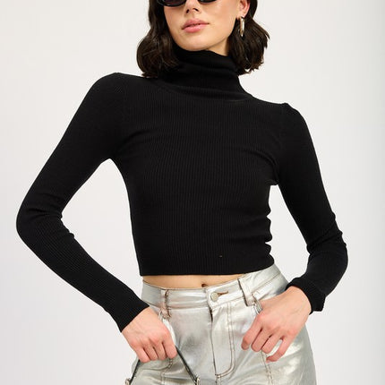 Chic Ribbed Turtle Neck Long Sleeve Sim Fit Fashion Crop Top