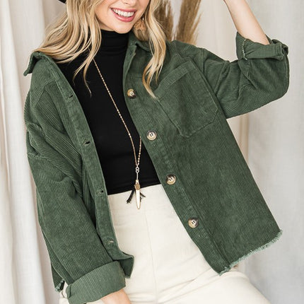 Chic Ribbed Velvet Button-Up Jacket with Pockets