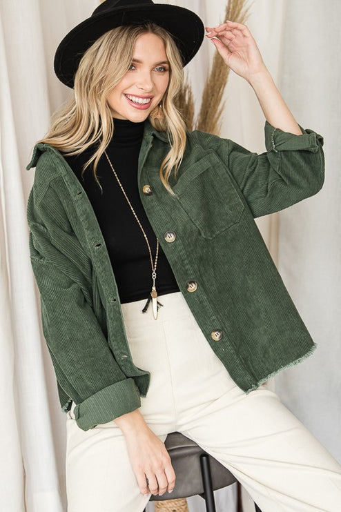 Chic Ribbed Velvet Button-Up Jacket with Pockets