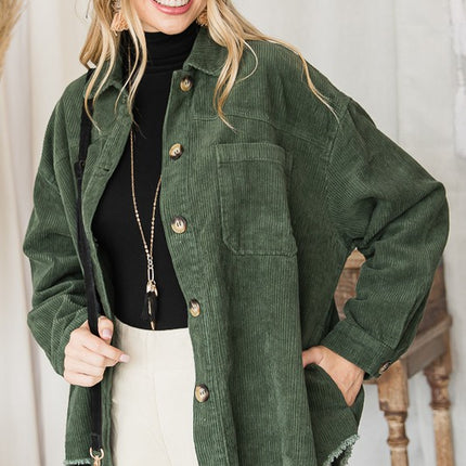 Chic Ribbed Velvet Button-Up Jacket with Pockets