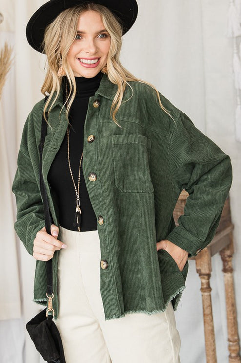 Chic Ribbed Velvet Button-Up Jacket with Pockets