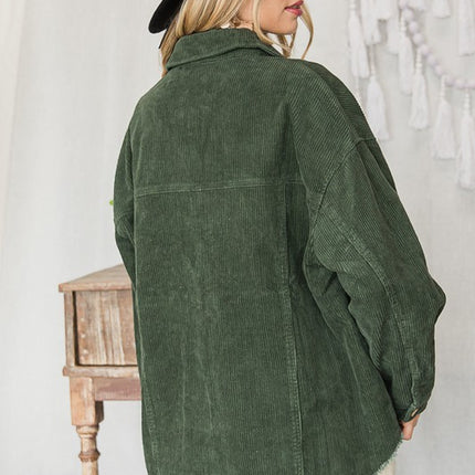 Chic Ribbed Velvet Button-Up Jacket with Pockets
