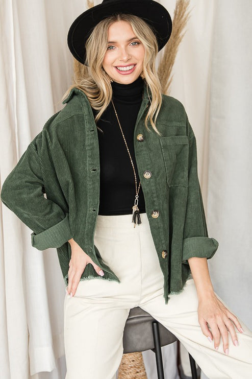 Chic Ribbed Velvet Button-Up Jacket with Pockets