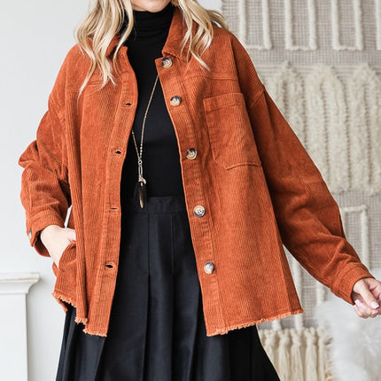 Chic Ribbed Velvet Button-Up Jacket with Pockets