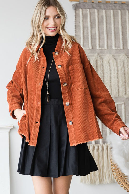 Chic Ribbed Velvet Button-Up Jacket with Pockets