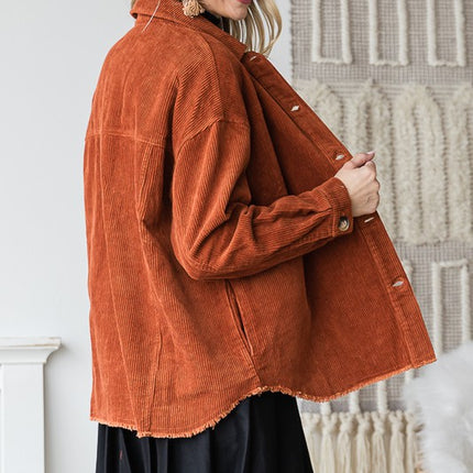 Chic Ribbed Velvet Button-Up Jacket with Pockets