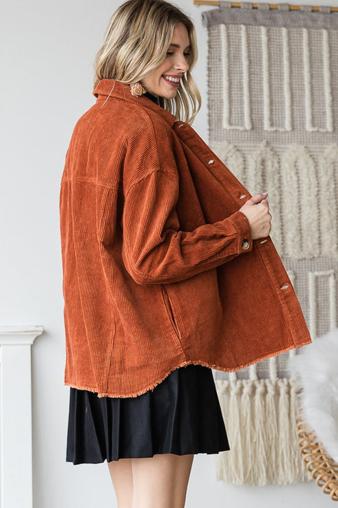 Chic Ribbed Velvet Button-Up Jacket with Pockets
