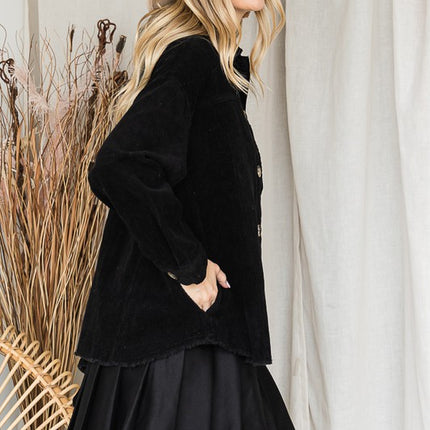 Chic Ribbed Velvet Button-Up Jacket with Pockets