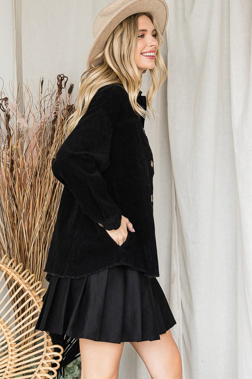Chic Ribbed Velvet Button-Up Jacket with Pockets
