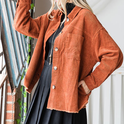 Chic Ribbed Velvet Button-Up Jacket with Pockets