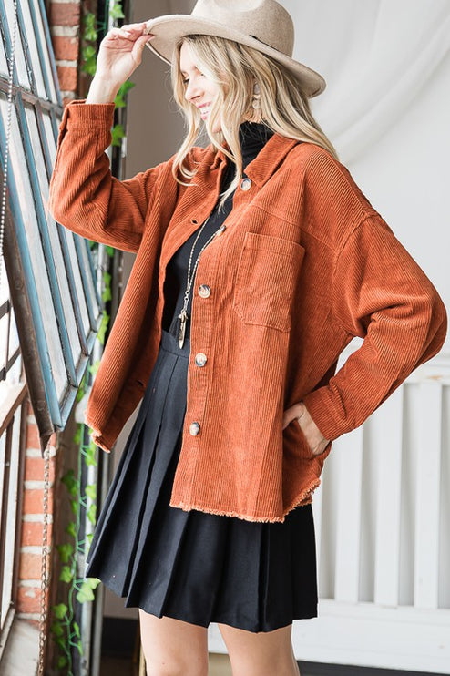 Chic Ribbed Velvet Button-Up Jacket with Pockets