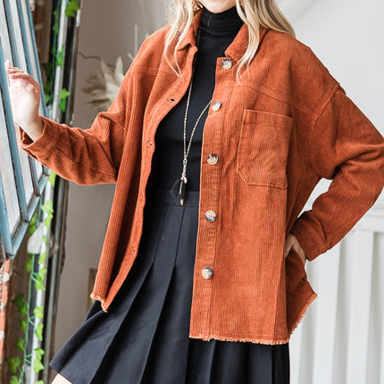 Chic Ribbed Velvet Button-Up Jacket with Pockets