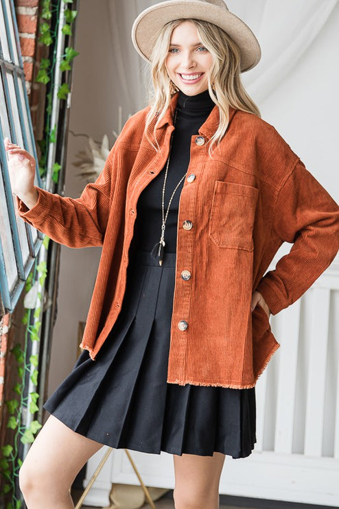 Chic Ribbed Velvet Button-Up Jacket with Pockets