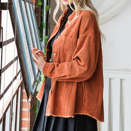 Chic Ribbed Velvet Button-Up Jacket with Pockets