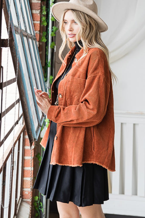 Chic Ribbed Velvet Button-Up Jacket with Pockets