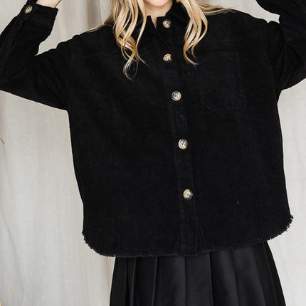 Chic Ribbed Velvet Button-Up Jacket with Pockets