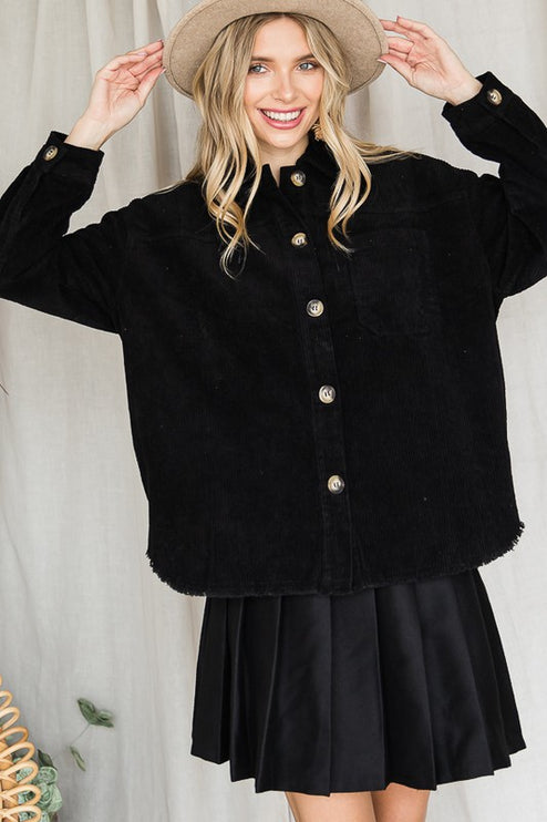 Chic Ribbed Velvet Button-Up Jacket with Pockets