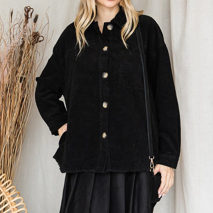 Chic Ribbed Velvet Button-Up Jacket with Pockets
