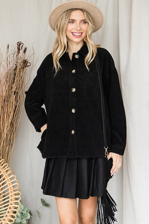 Chic Ribbed Velvet Button-Up Jacket with Pockets