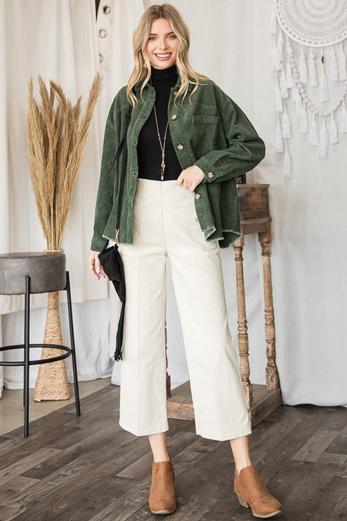 Chic Ribbed Velvet Button-Up Jacket with Pockets