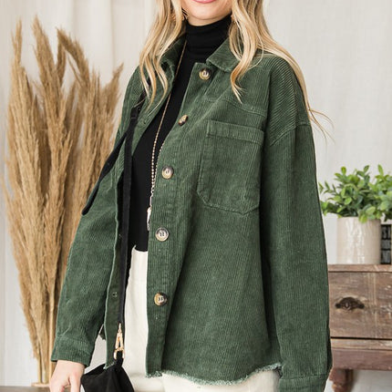 Chic Ribbed Velvet Button-Up Jacket with Pockets