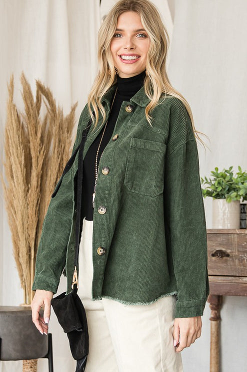 Chic Ribbed Velvet Button-Up Jacket with Pockets
