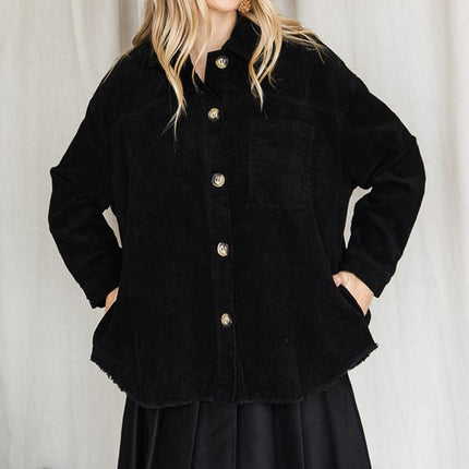 Chic Ribbed Velvet Button-Up Jacket with Pockets