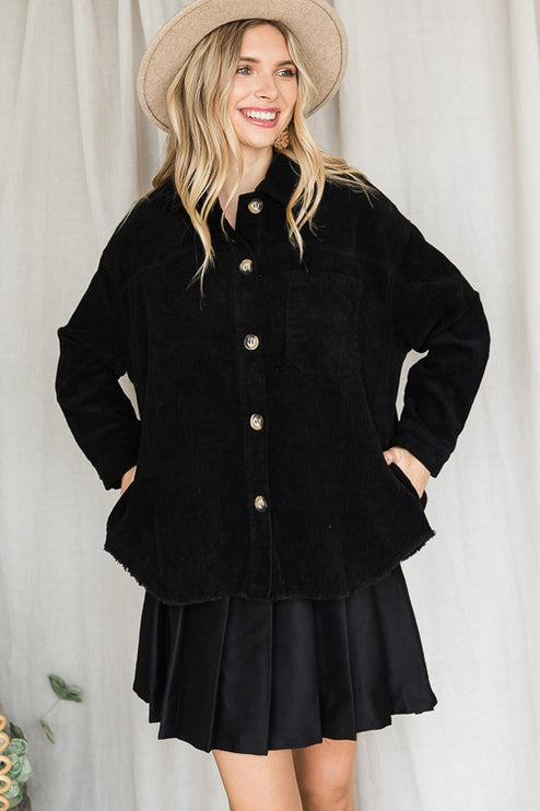 Chic Ribbed Velvet Button-Up Jacket with Pockets