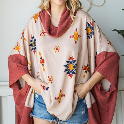 Vibrant Aztec Print Cowl Neck Poncho in Oversized Fit