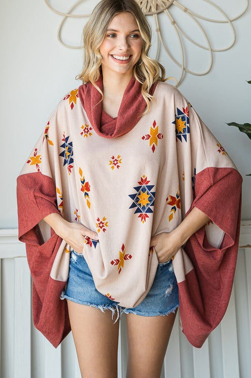 Vibrant Aztec Print Cowl Neck Poncho in Oversized Fit
