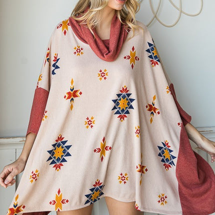Vibrant Aztec Print Cowl Neck Poncho in Oversized Fit