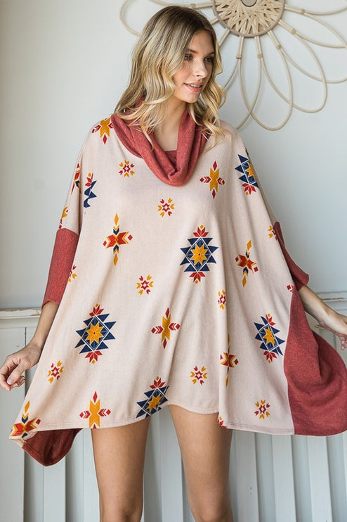 Vibrant Aztec Print Cowl Neck Poncho in Oversized Fit