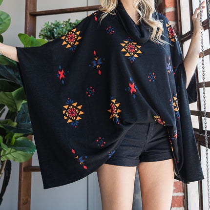 Vibrant Aztec Print Cowl Neck Poncho in Oversized Fit