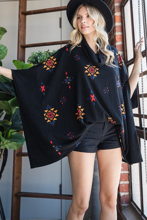 Vibrant Aztec Print Cowl Neck Poncho in Oversized Fit