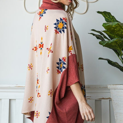 Vibrant Aztec Print Cowl Neck Poncho in Oversized Fit