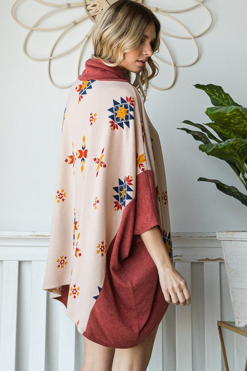 Vibrant Aztec Print Cowl Neck Poncho in Oversized Fit