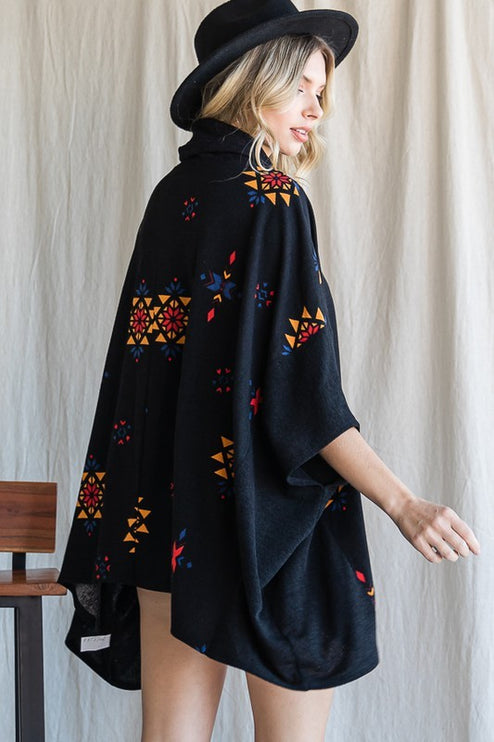 Vibrant Aztec Print Cowl Neck Poncho in Oversized Fit