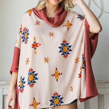 Vibrant Aztec Print Cowl Neck Poncho in Oversized Fit