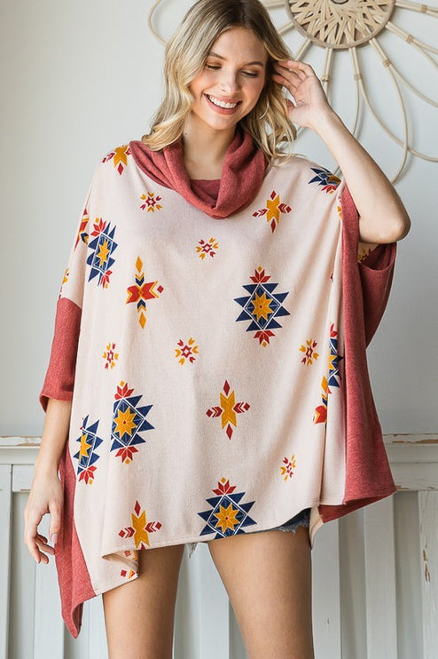 Vibrant Aztec Print Cowl Neck Poncho in Oversized Fit