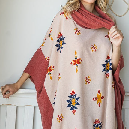 Vibrant Aztec Print Cowl Neck Poncho in Oversized Fit