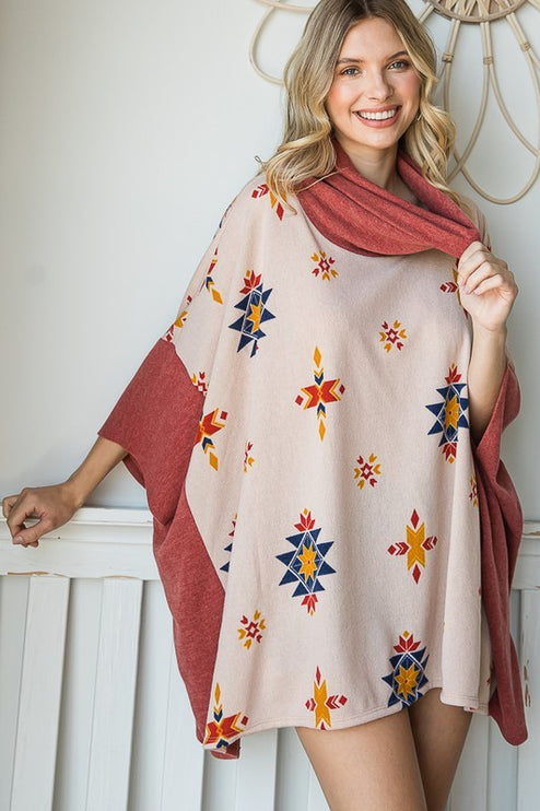 Vibrant Aztec Print Cowl Neck Poncho in Oversized Fit